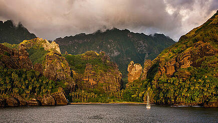 View of rugged coastline during the Aranui 5 South Seas cruise to the Marquesas Islands, French Polynesia