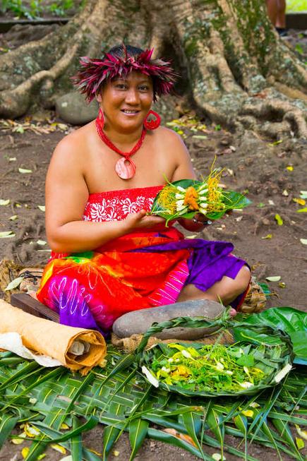 Local woman with traditional flower arrangement, Fatuiva, French Polynesia, Aranui 5 excursion