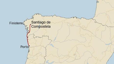Jakobsweg Route auf dem portugiesischen Küstenweg von Porto nach Santiago de Compostela