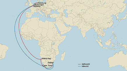 Cargo ship voyage route Europe-South Africa
