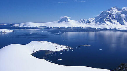 View of an Antarctic iceberg landscape from aboard the sailing ship Santa Maria Australis