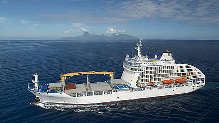 Cargo and cruise ship Aranui 5 on supply route to the Marquesas Islands in French Polynesia
